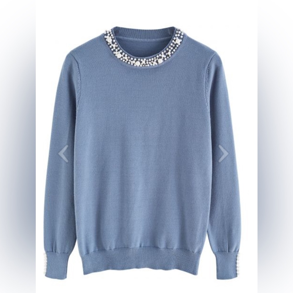 Chicwish Blue Sweater with Embellished Neckline